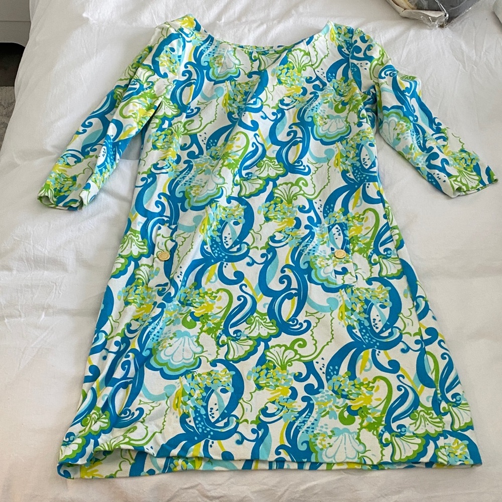 Lilly Pulitzer Blue, Green & White Printed Long-Sleeve Shift Dress